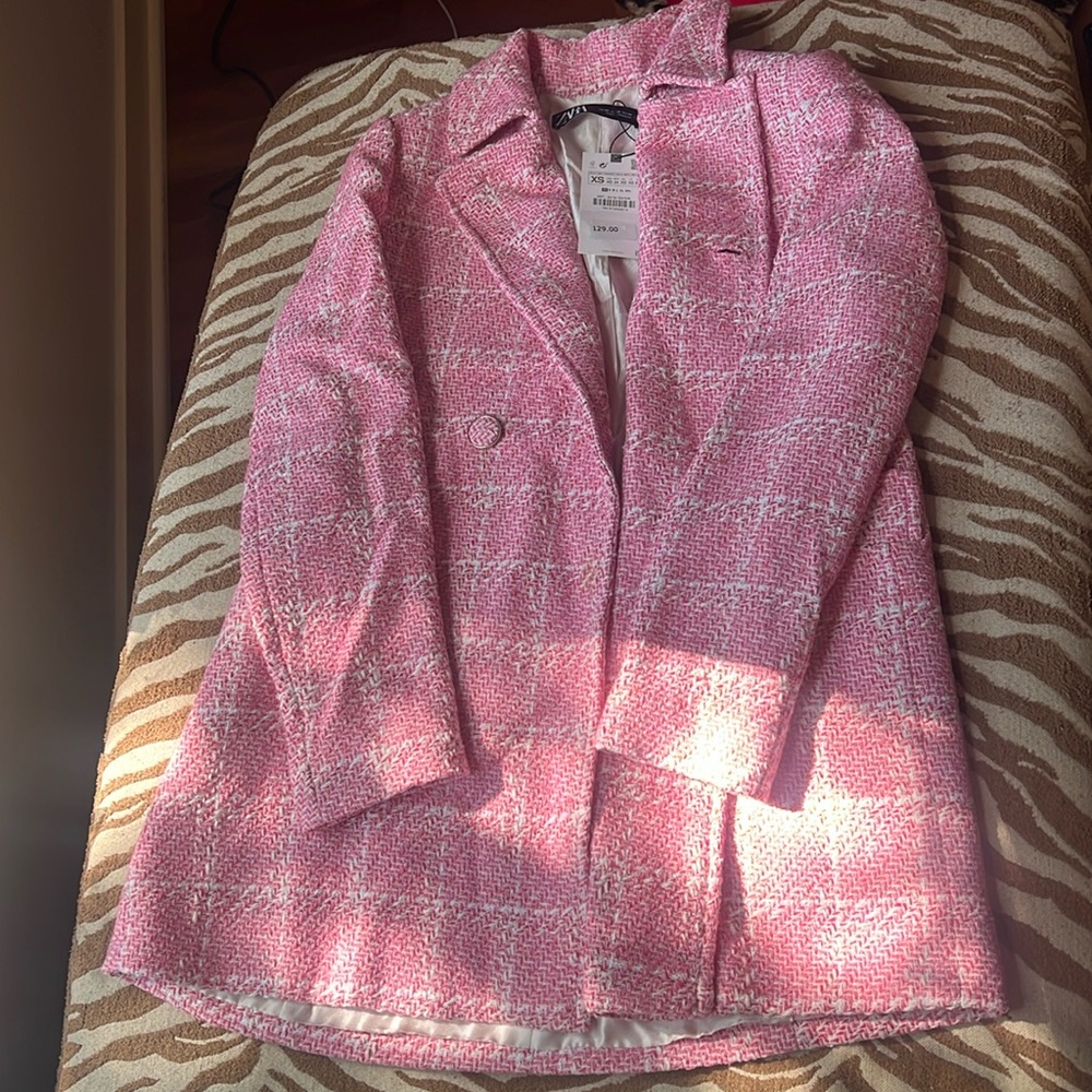 NWT Zara Pink Plaid Pea Coat - XS